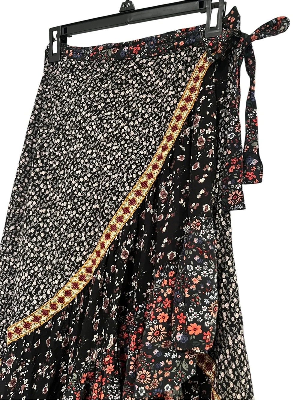 Free People Esmeralda Printed Skirt Floral Wrap Maxi Skirt with Gold Trim Sz 4